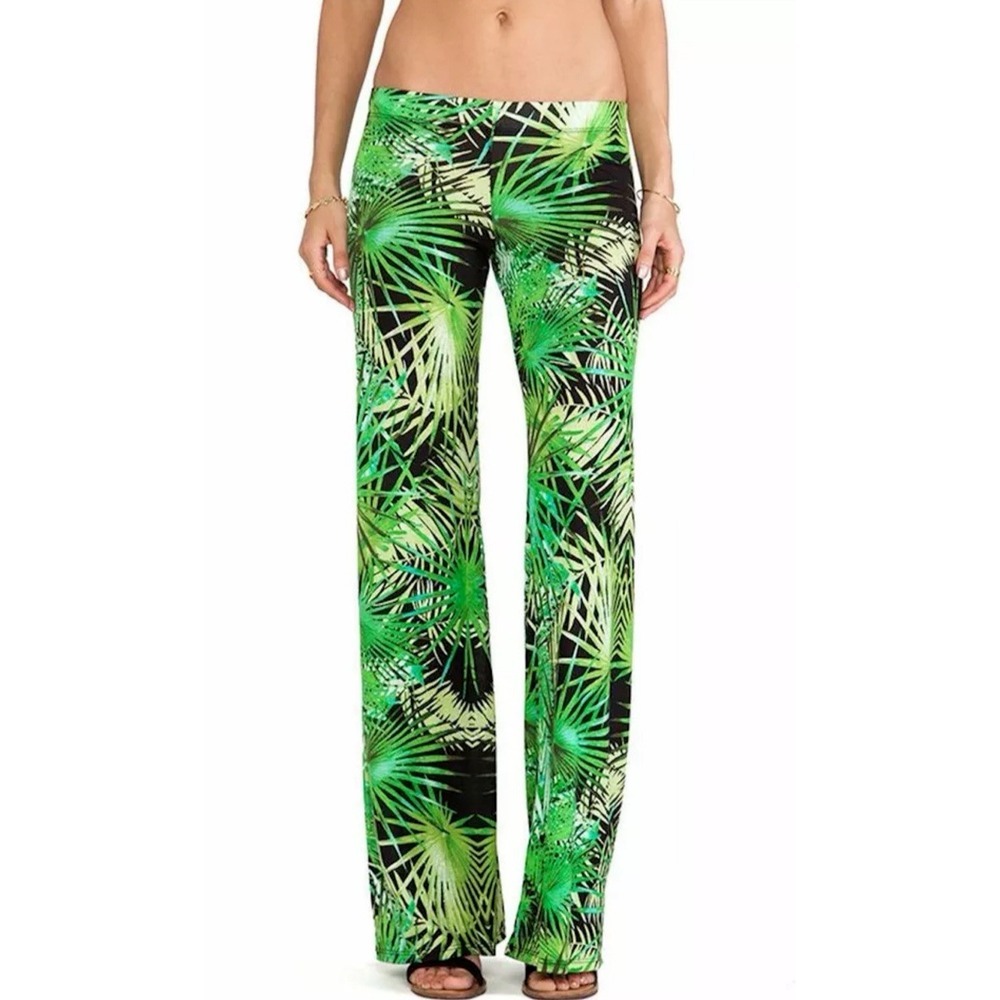 Michael Lauren Palm Print Wide Leg Pants Women M Green Tropical Flare Resortwear